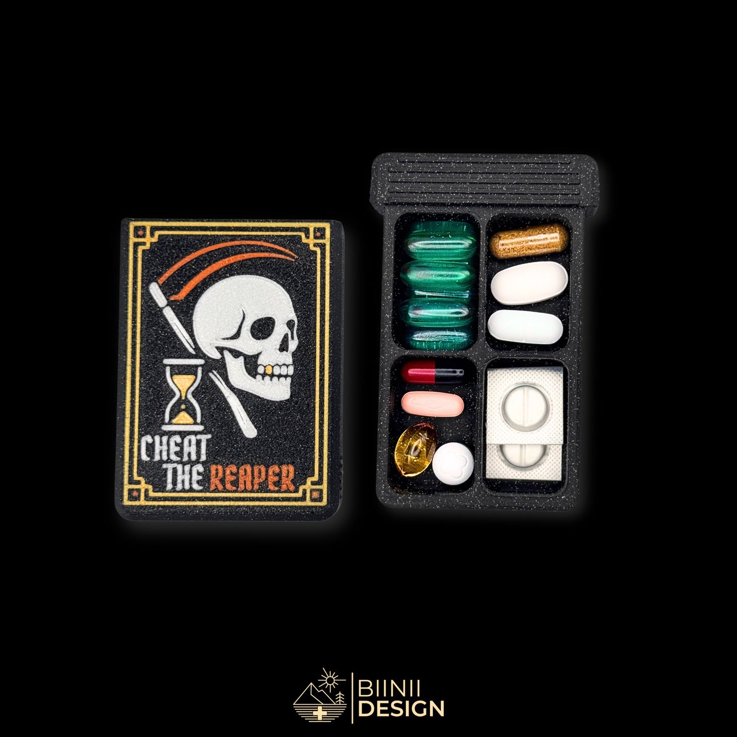 Cheat the Reaper 4-compartment artistic pillbox in galaxy black, Swiss-made with bold skull and scythe design.
Keywords: pillbox, pill organizer, artistic pillbox, gothic