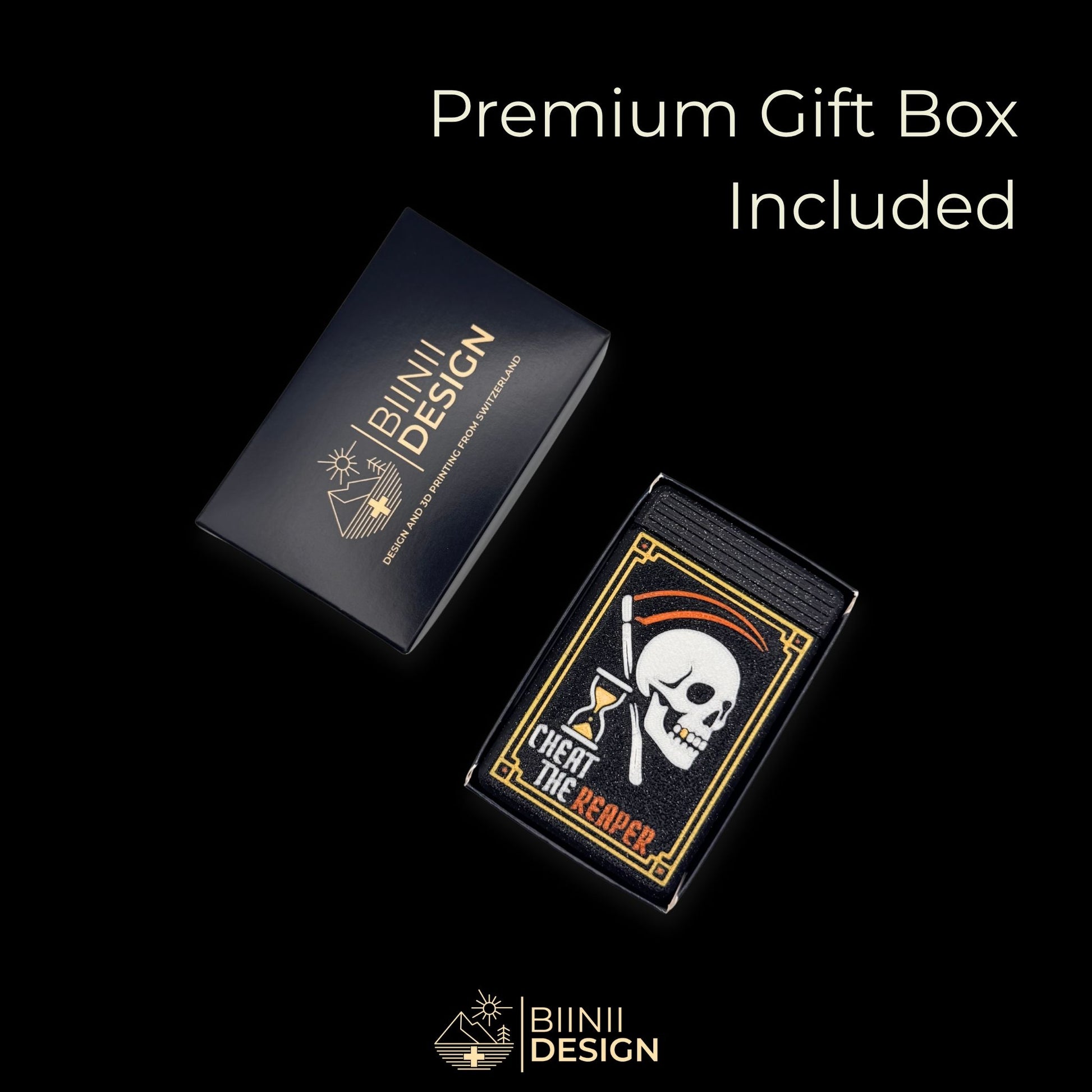 Cheat the Reaper artistic pillbox in premium Biinii Design gift box — Swiss-made and ready to gift.
Keywords: premium pillbox packaging, gothic pill organizer, gift-ready pillbox, Biinii Design
