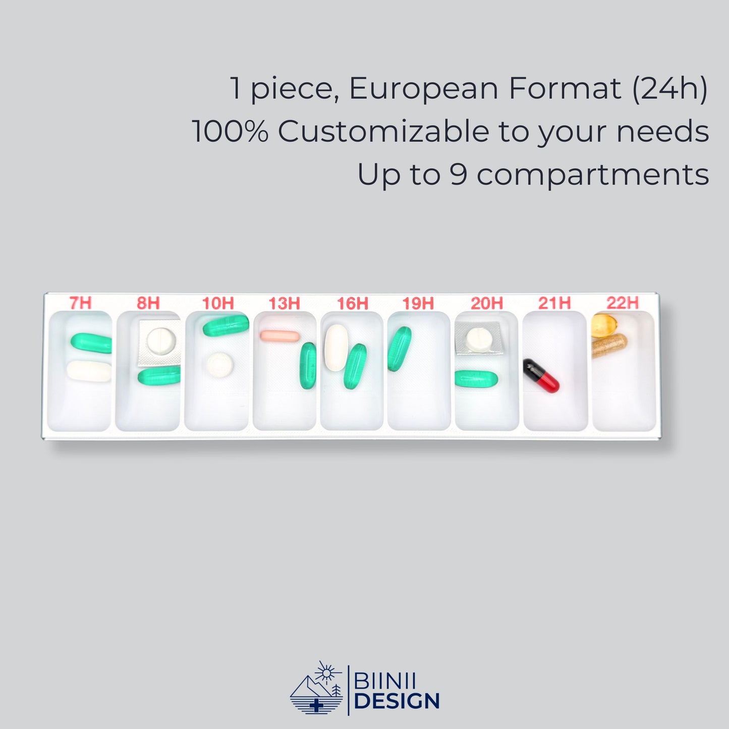 Swiss-made hourly pillbox, 1-piece EU 24h format with 9 compartments. Customizable pill case, premium Swiss pill organizer, 3D-printed with care.
Keywords : hourly pill organizer, EU 24h pillbox, customizable pill holder, Swiss 3D-printed pill case