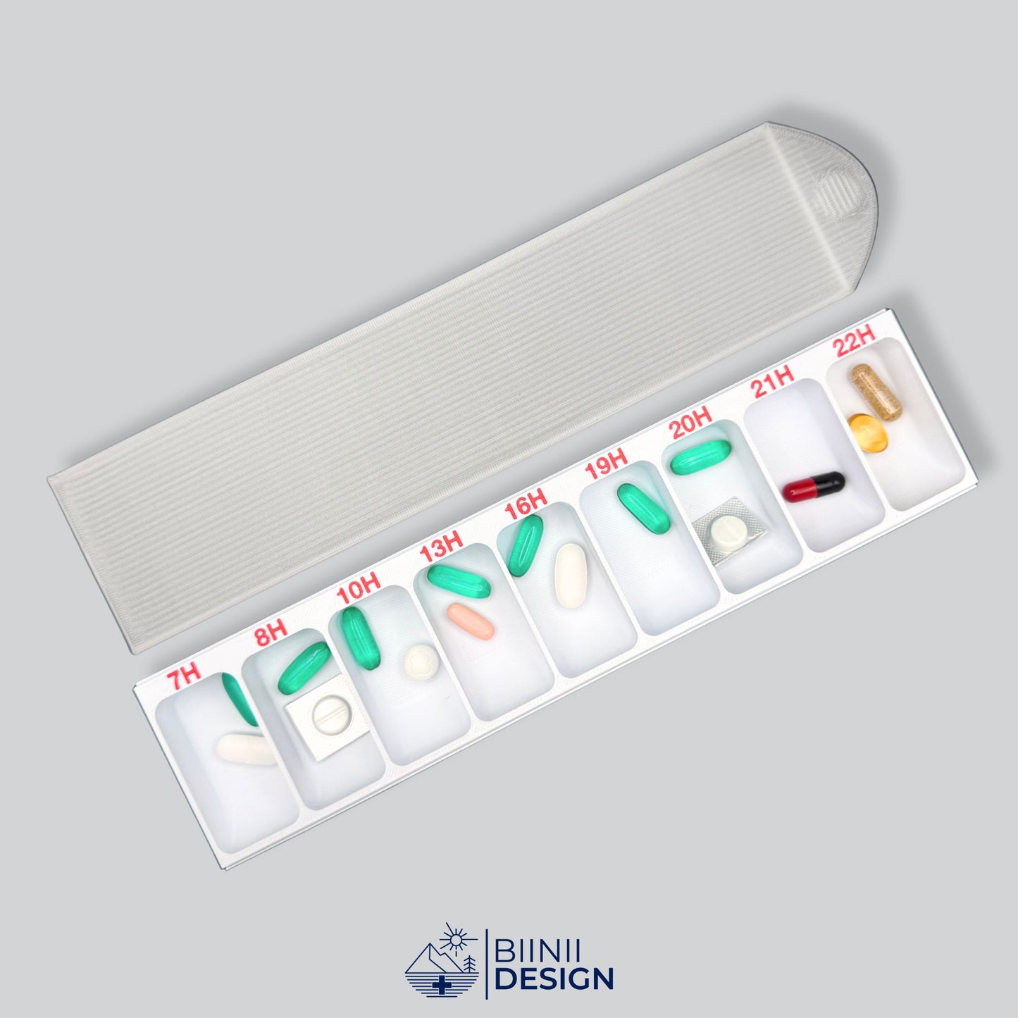 Hourly pill organizer with translucent lid, Swiss-made for daily medication schedule, compact and customizable.
Keywords: pill organizer, pillbox, hourly pill organizer, compact