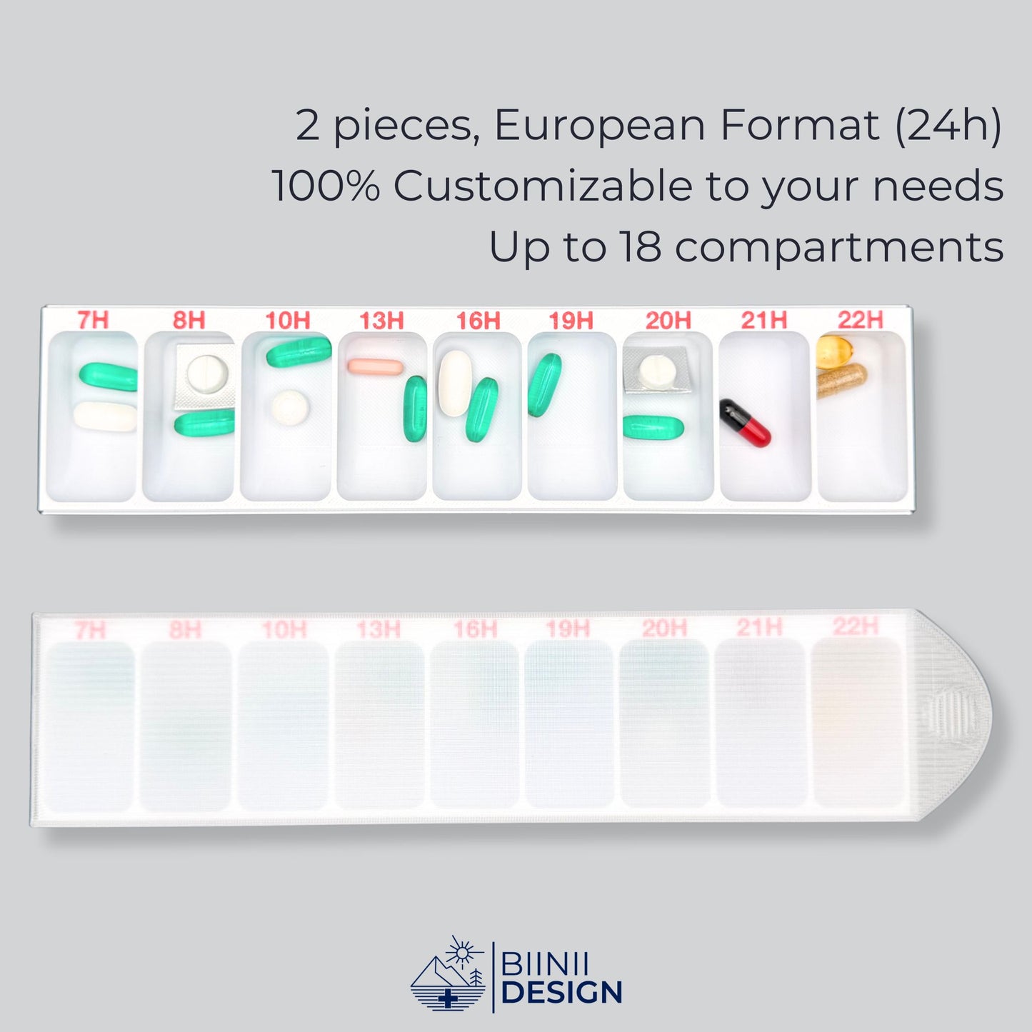 Swiss-made hourly pillbox, 2-piece EU 24h format with 18 compartments. Customizable daily pill organizer, 3D-printed in Switzerland.
Keywords : hourly pillbox, EU 24h pill organizer, customizable pill case, Swiss-made pill box