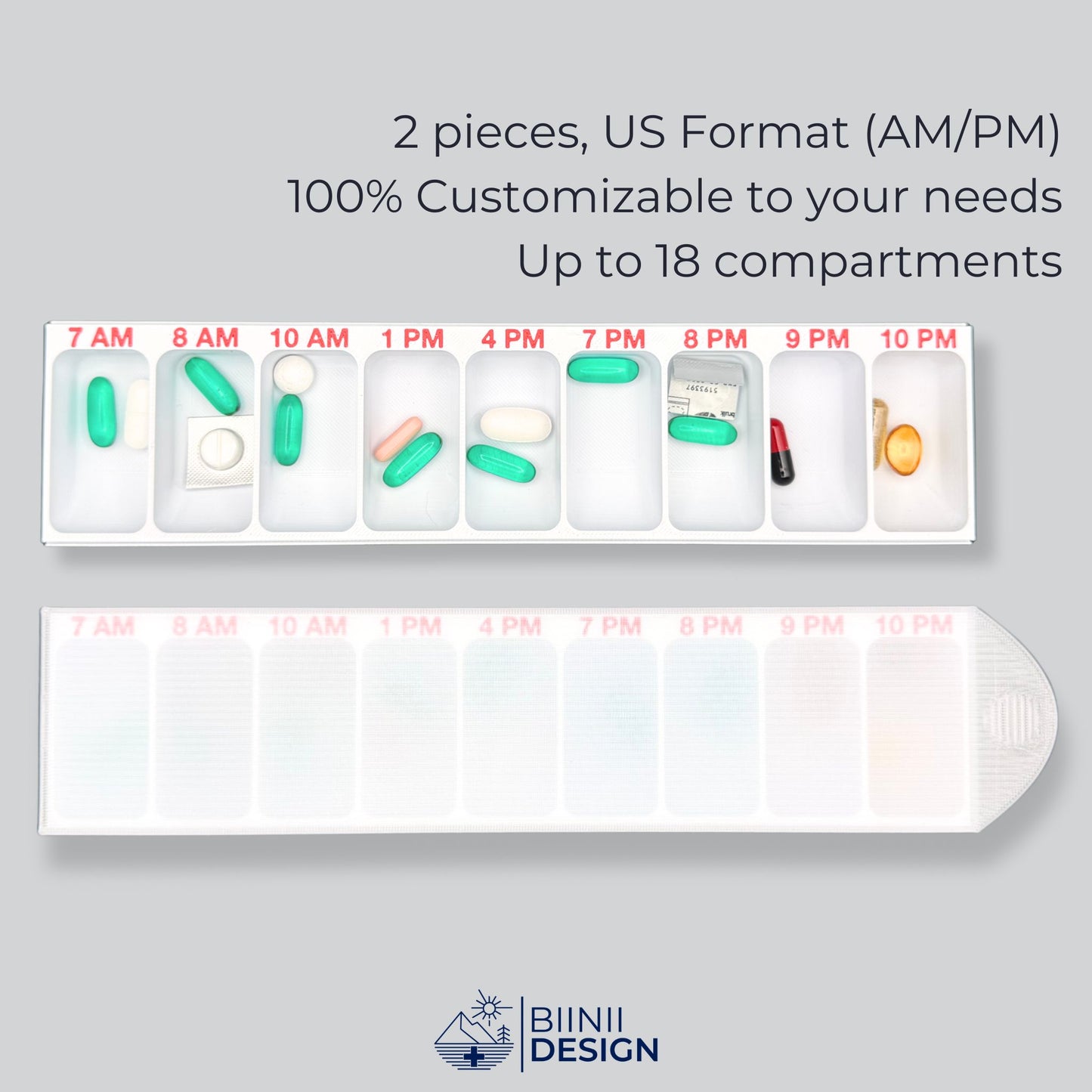 Swiss-made hourly pillbox, 2-piece US AM/PM format with 18 compartments. Personalized pill organizer, 3D-printed in Switzerland for precision use.
Keywords : hourly pillbox, US AM/PM pill organizer, personalized pill case, Swiss-made pill box