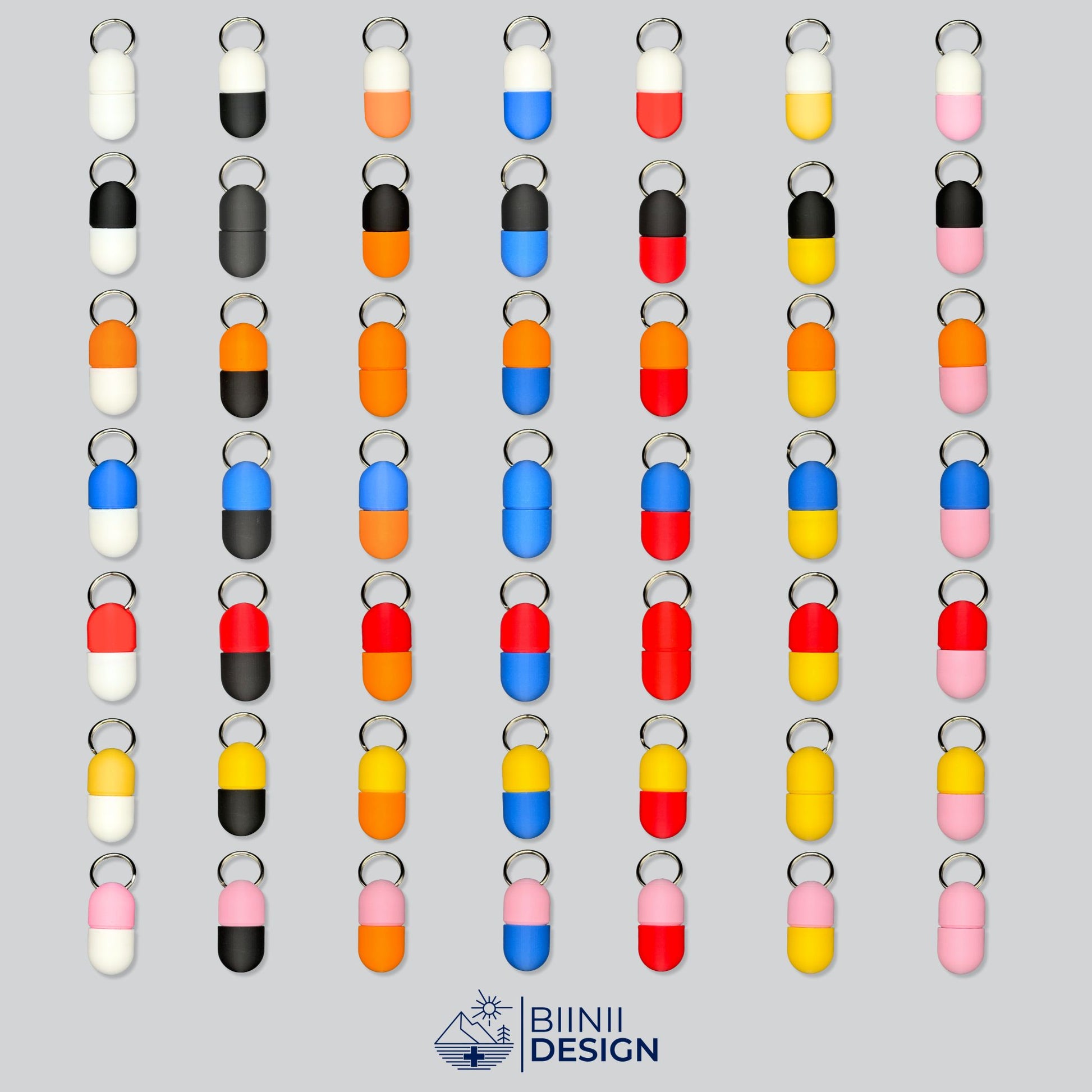 49 Unique Color Combinations for Compact Keychain Pill Case. Ideal gift choice for max user personalization. Swiss-made by Biinii Design.