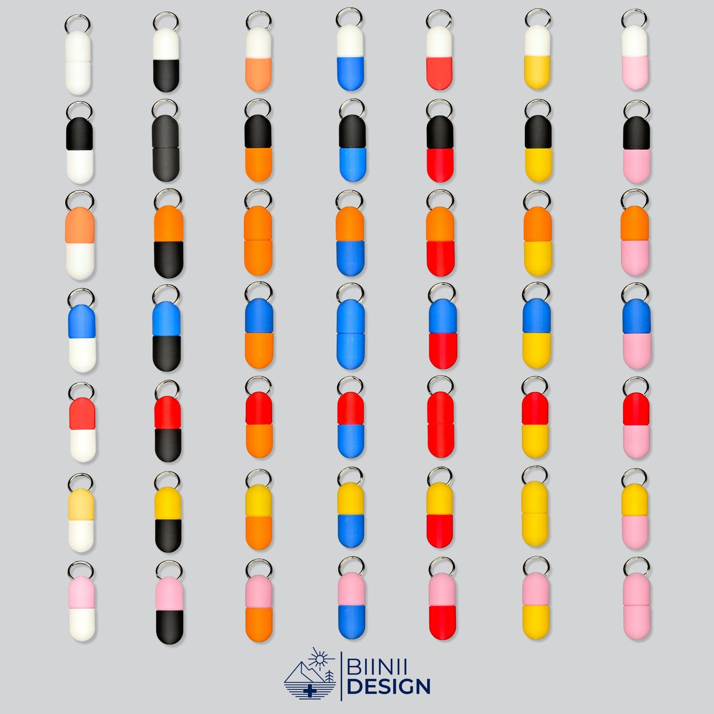 49 Unique Color Combinations for the Large Keychain Pill Holder. Visually confirms choice and large capacity. Swiss-made, 3D-printed quality.