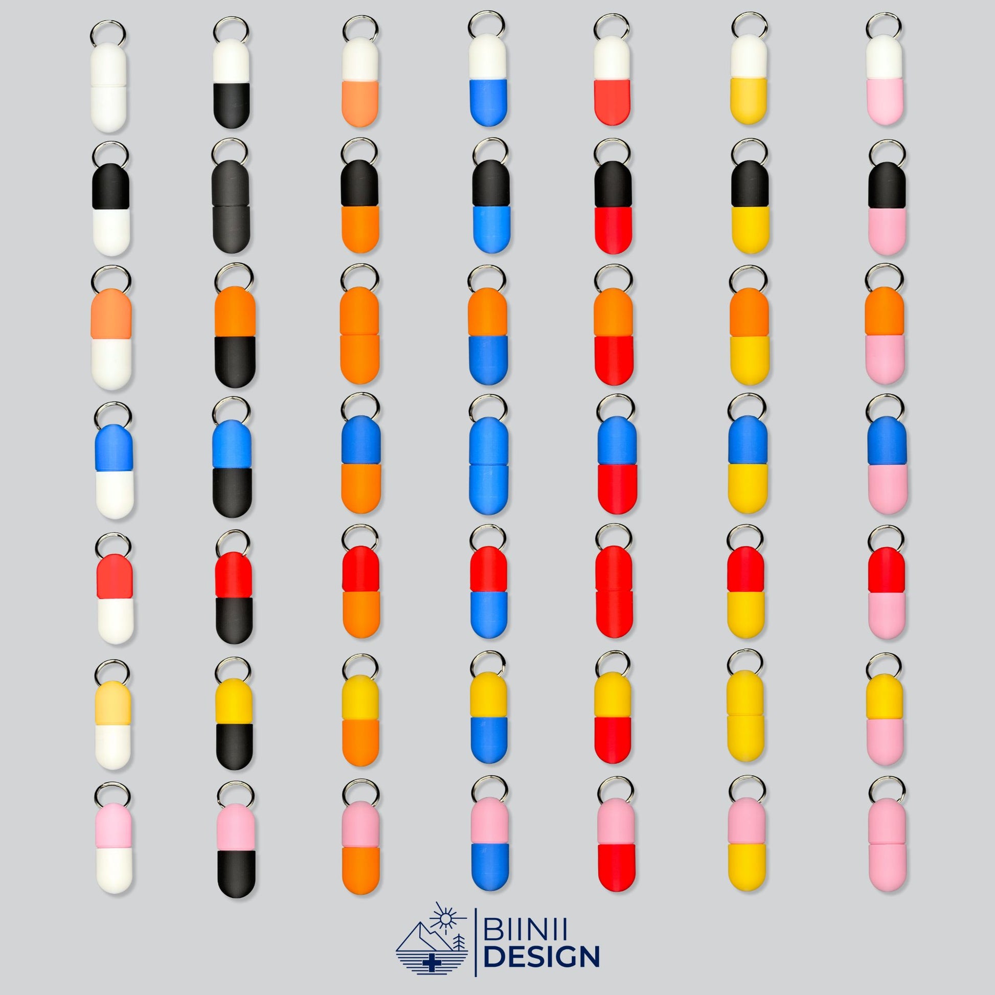 49 Unique Color Combinations for the Large Keychain Pill Holder. Visually confirms choice and large capacity. Swiss-made, 3D-printed quality.