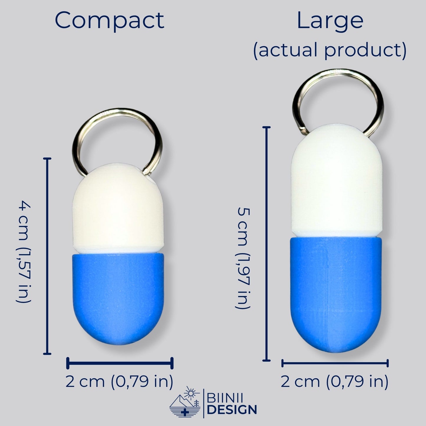 Side-by-side of Compact and Large keyring pillboxes, highlighting size difference (4 cm vs 5 cm). Choose the right format for your needs.
Keywords: pillbox comparison, large vs compact pill case, size guide supplement holder