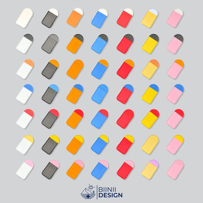 Illustration des 49 combinaisons de couleurs du pilulier compact 2 compartiments, sept couvercles et sept bases.