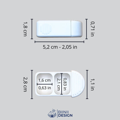 Pilulier compact 2 compartiments avec ses dimensions en cm et en pouces, mesures extérieures et intérieures.
