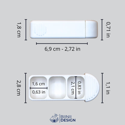 Compact 3-compartment pill box with dimensions in cm and inches, exterior and interior measurements.