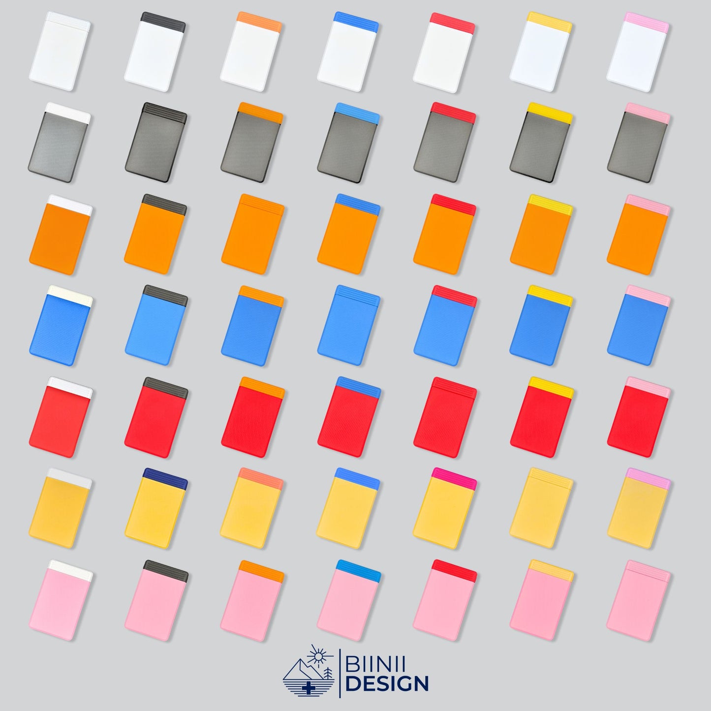 Double-row 4-compartment pill organizer collection displayed in all 49 customizable color combinations, Swiss crafted by Biinii Design.
