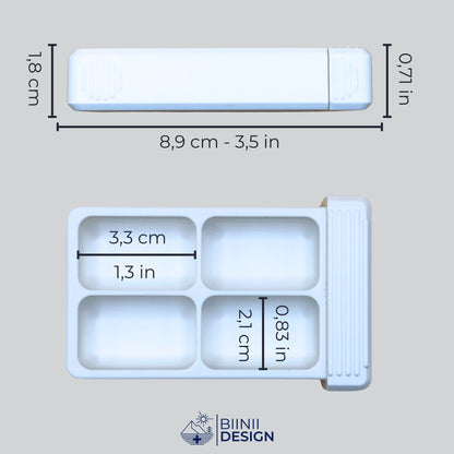 Pilulier de voyage à quatre grands compartiments avec ses dimensions en cm et en pouces.
