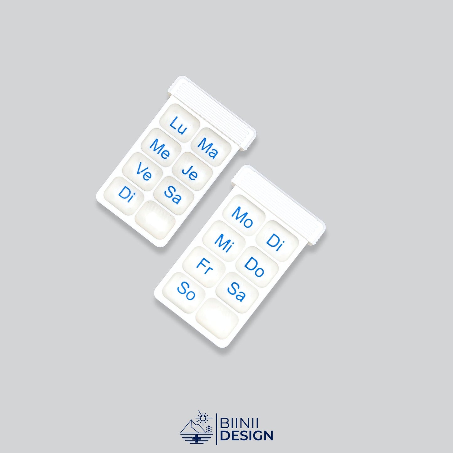 Dual row compact weekly pill box variants, showcasing the modular design. Compact 7-day pill case, 3D-printed in Switzerland for durability.