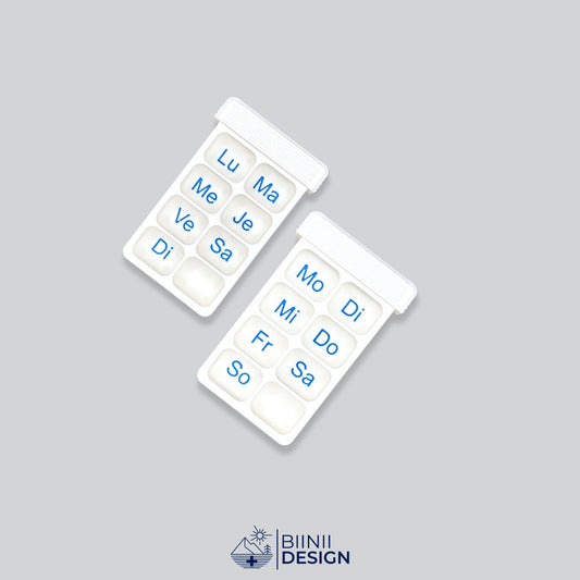 Dual row compact weekly pill box variants, showcasing the modular design. Compact 7-day pill case, 3D-printed in Switzerland for durability.