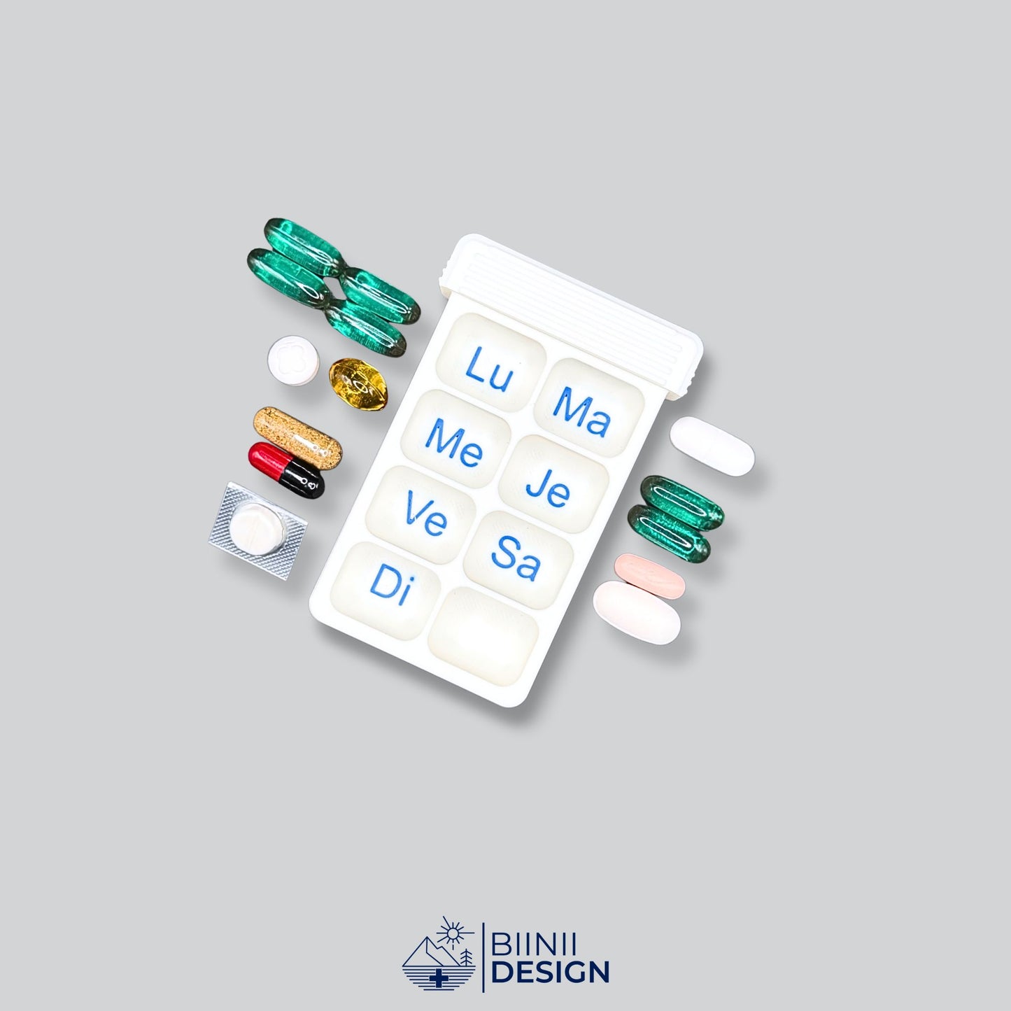 White 7-day pill case filled with various pills. Travel pill organizer, perfect for carrying supplements and medication.