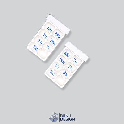 Dual row weekly pill box variants, showcasing the modular design. Compact 7-day pill case, 3D-printed in Switzerland for durability.