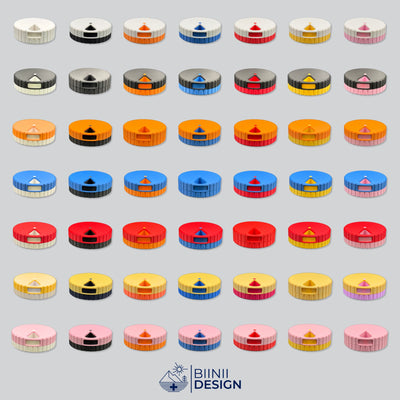 Full set of the round magnetic 7-day pill organizers, demonstrating the 49 available color combinations.