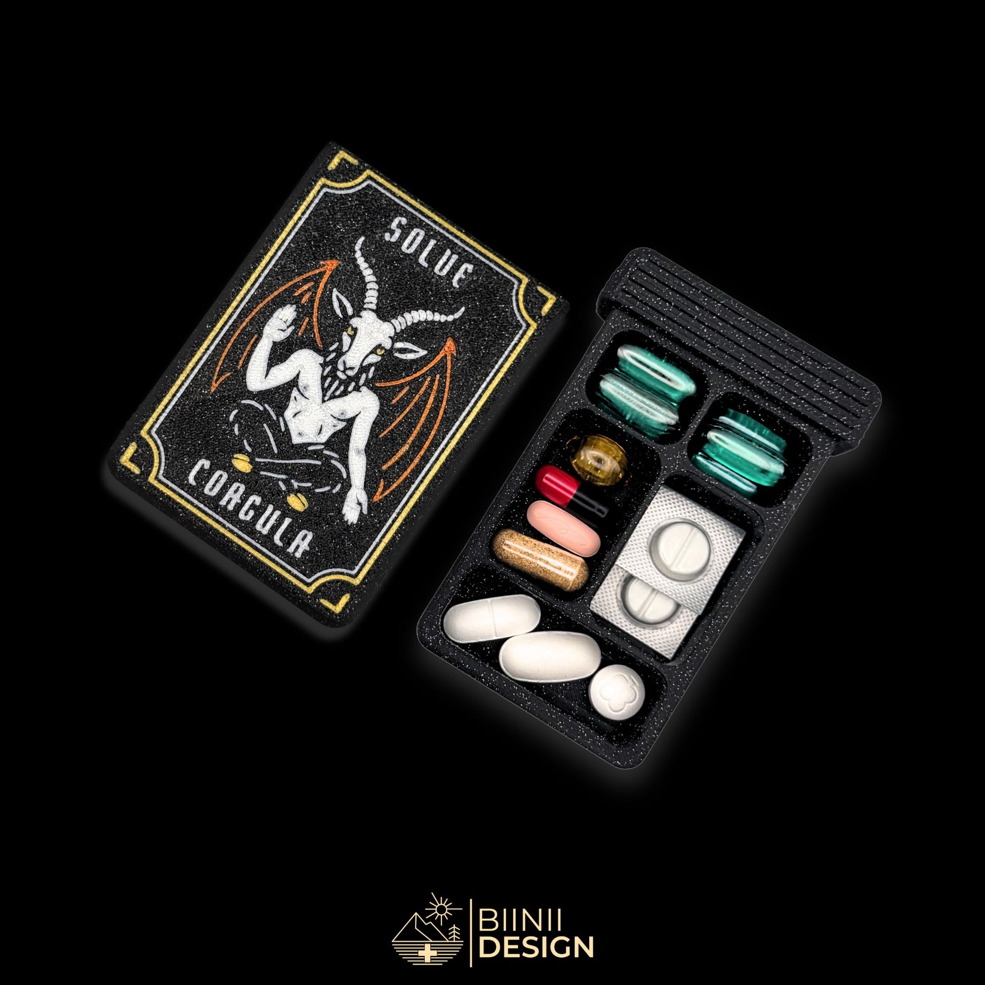 Baphomet symbolic organizer cover beside 5-cpt tray. Secure slide closure filled with supplements and medicines.