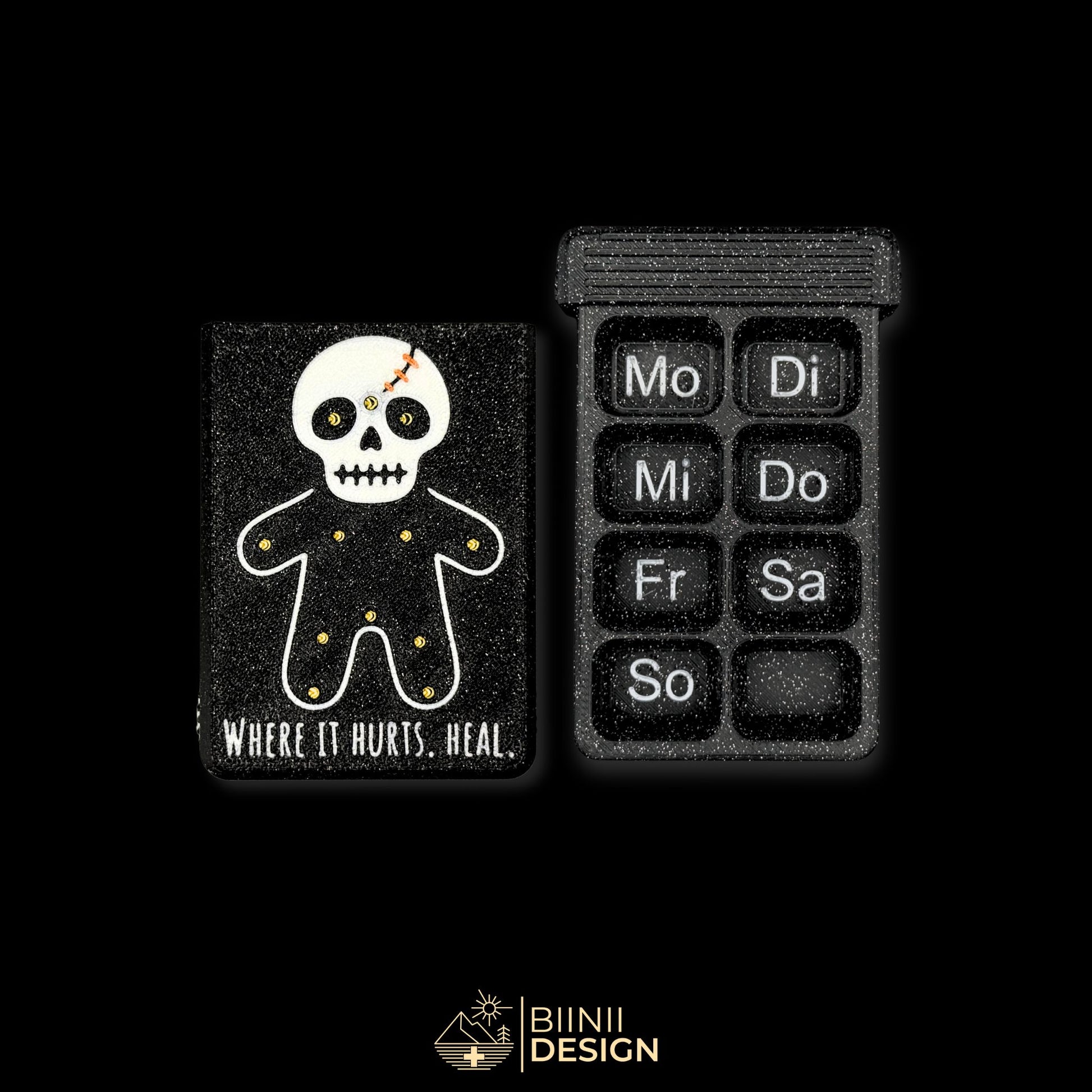 Healing Voodoo cover next to empty 8 cpt tray (DE days). Weekly artistic pill organizer option for German market.