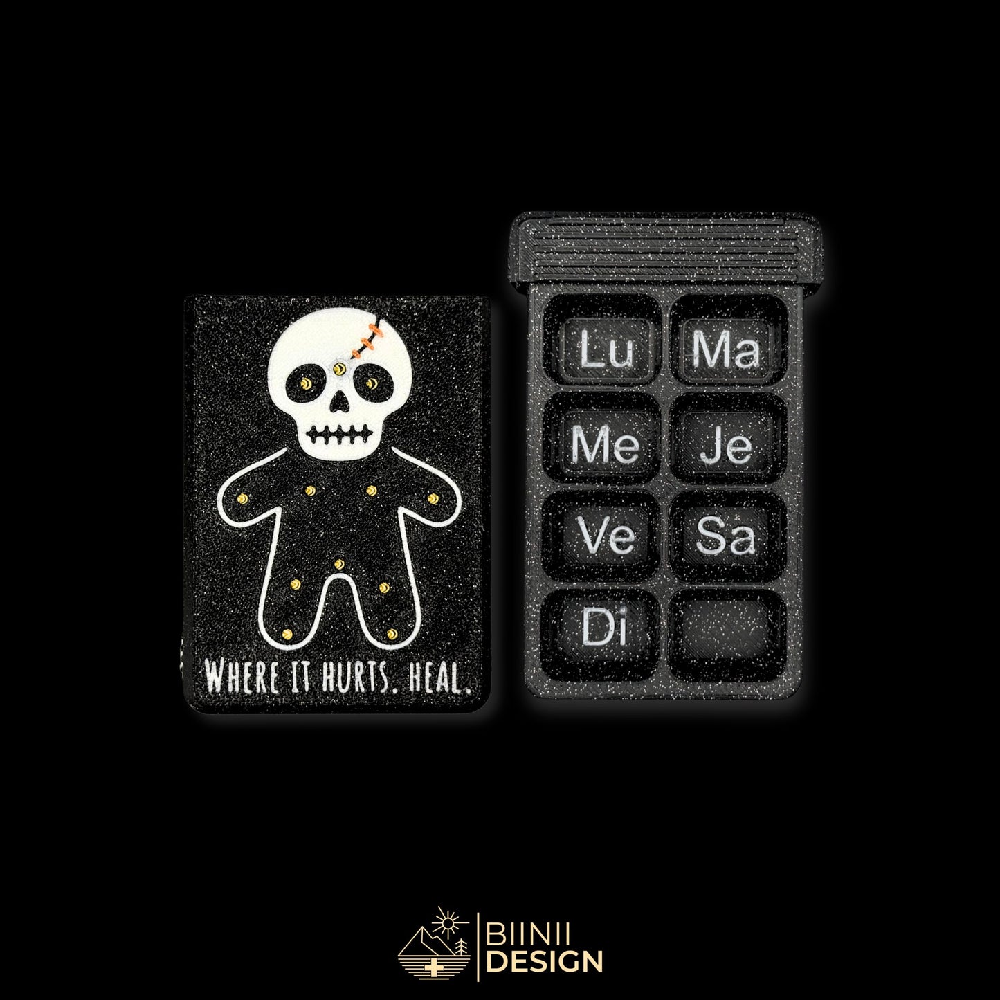 Healing Voodoo cover next to empty 8 cpt tray (FR days). Weekly artistic pill organizer option for French market.