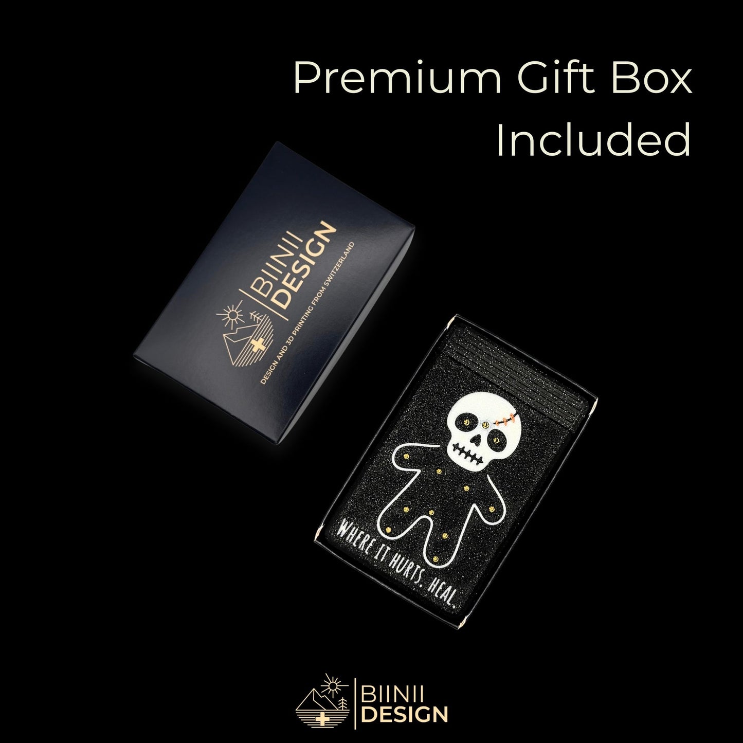 Healing Voodoo artistic pill organizer inside its Premium Biinii Design gift box. Ready-to-offer custom packaging included.