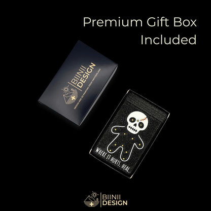 Healing Voodoo art edition pill organizer presented in its Biinii gift box, the voodoo doll artwork on galaxy black.