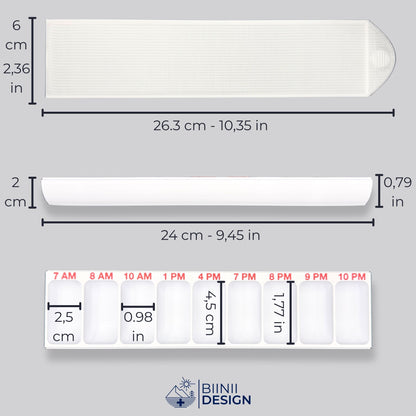 Hourly pill organizer with its dimensions in cm and inches, pure white PETG body.