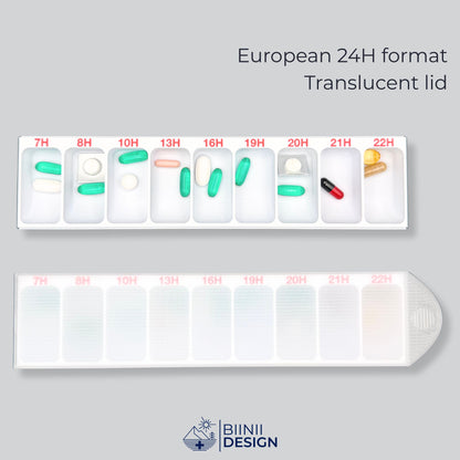 Hourly pill organizer in European 24-hour format, open and filled above, closed below with the pills showing through the translucent lid.
