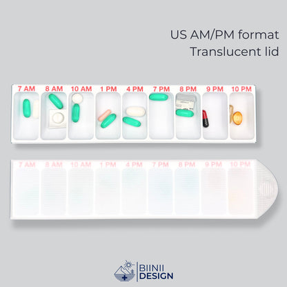 Hourly pill organizer in US AM/PM format, open and filled with tablets, capsules and cut blisters above, closed below under its translucent lid.