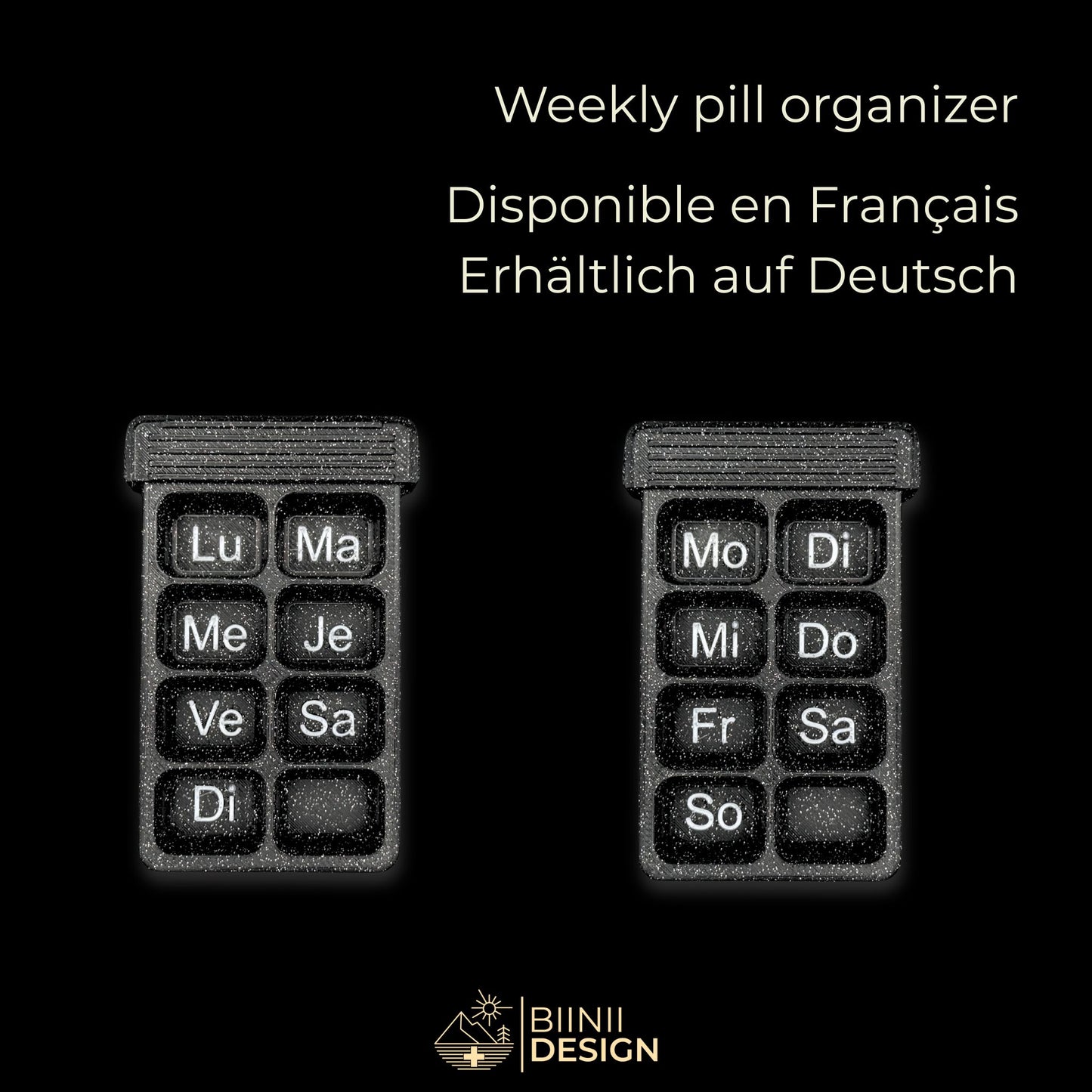 Illustration of empty 8 compartment weekly trays (FR/DE versions). Silver day inscriptions and bonus compartment.
