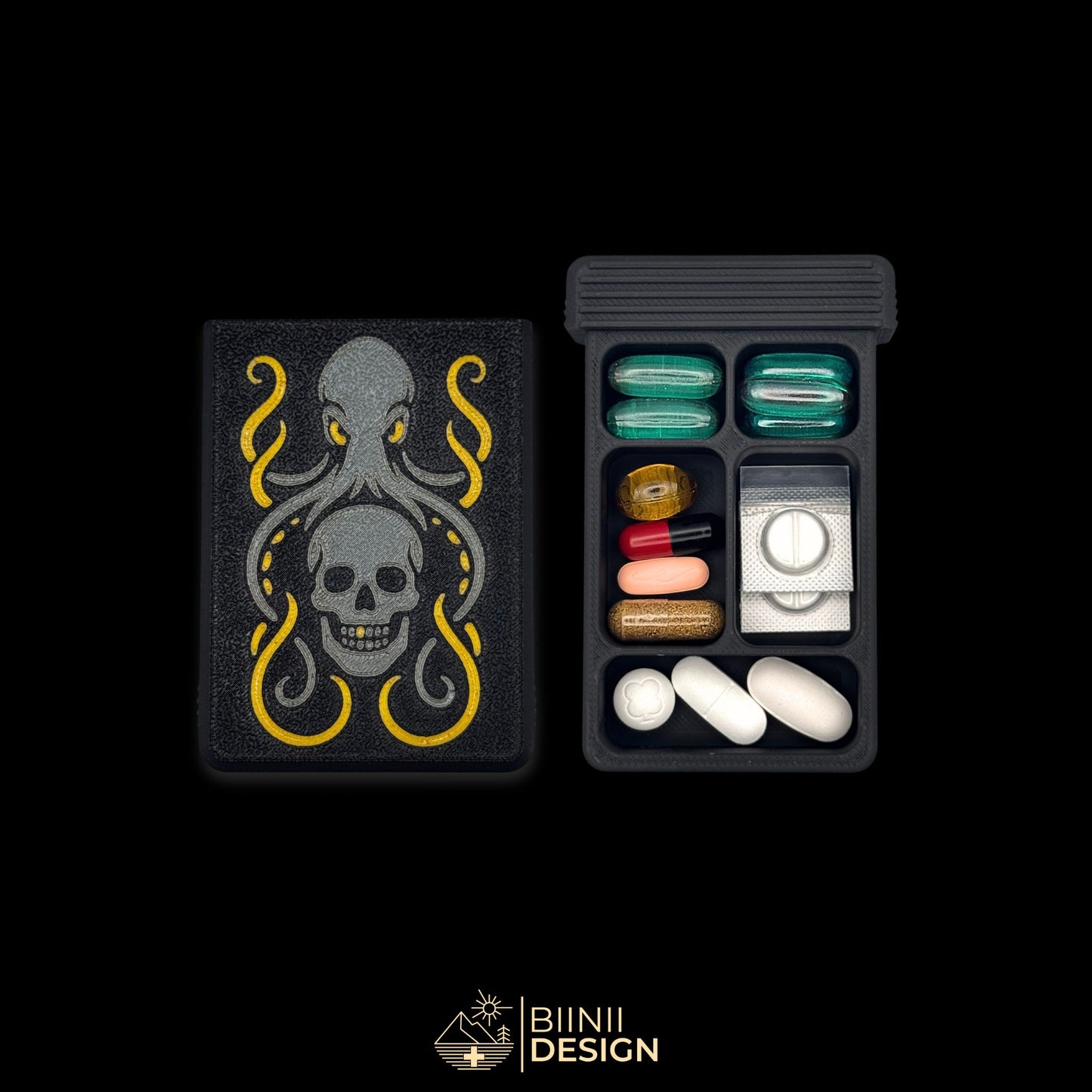 Kraken cover next to 5 compartment tray. Filled with capsules. Versatile compact daily pill case.