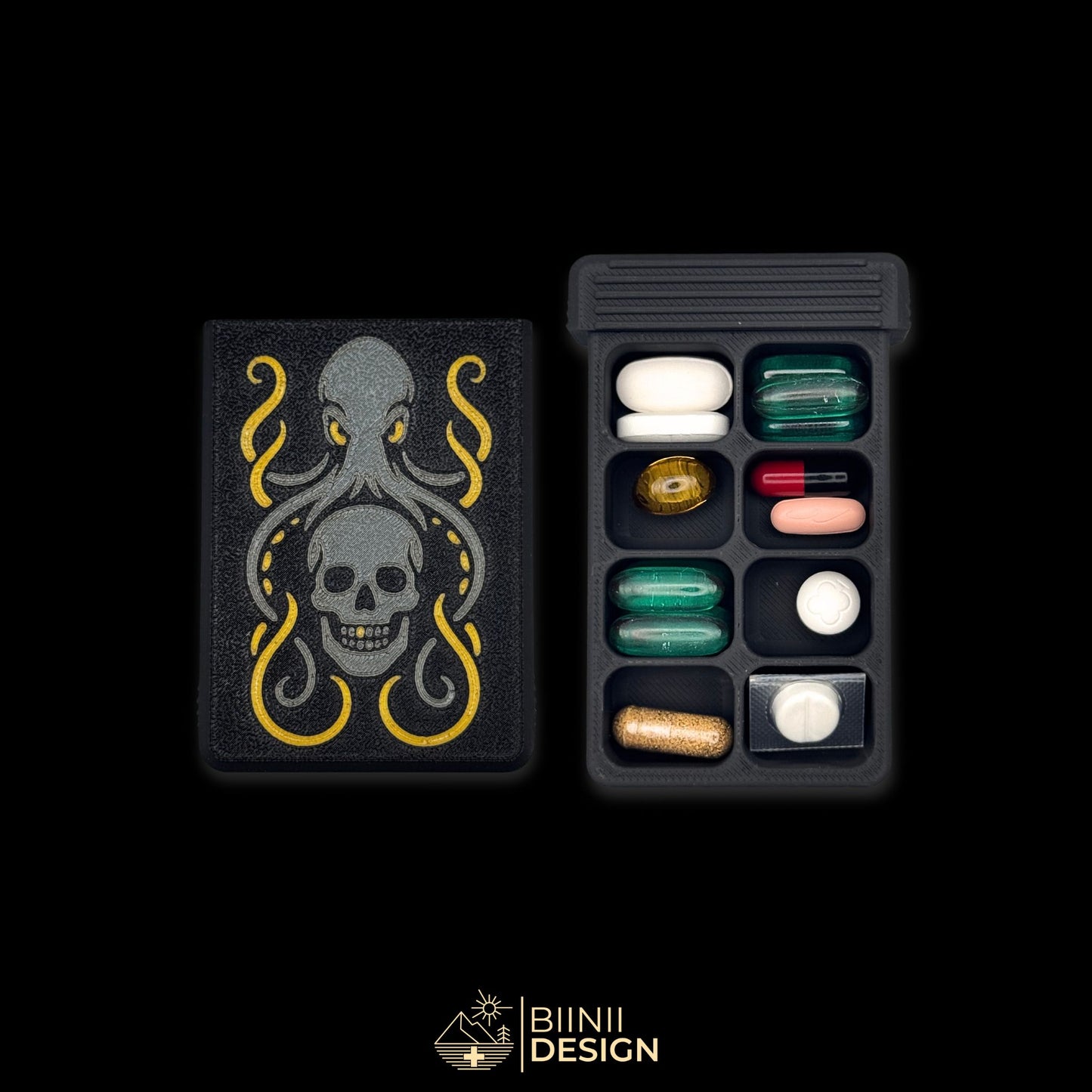 Kraken cover beside 8-compartment weekly tray filled. Artistic pill organizer for extended supplement plans.