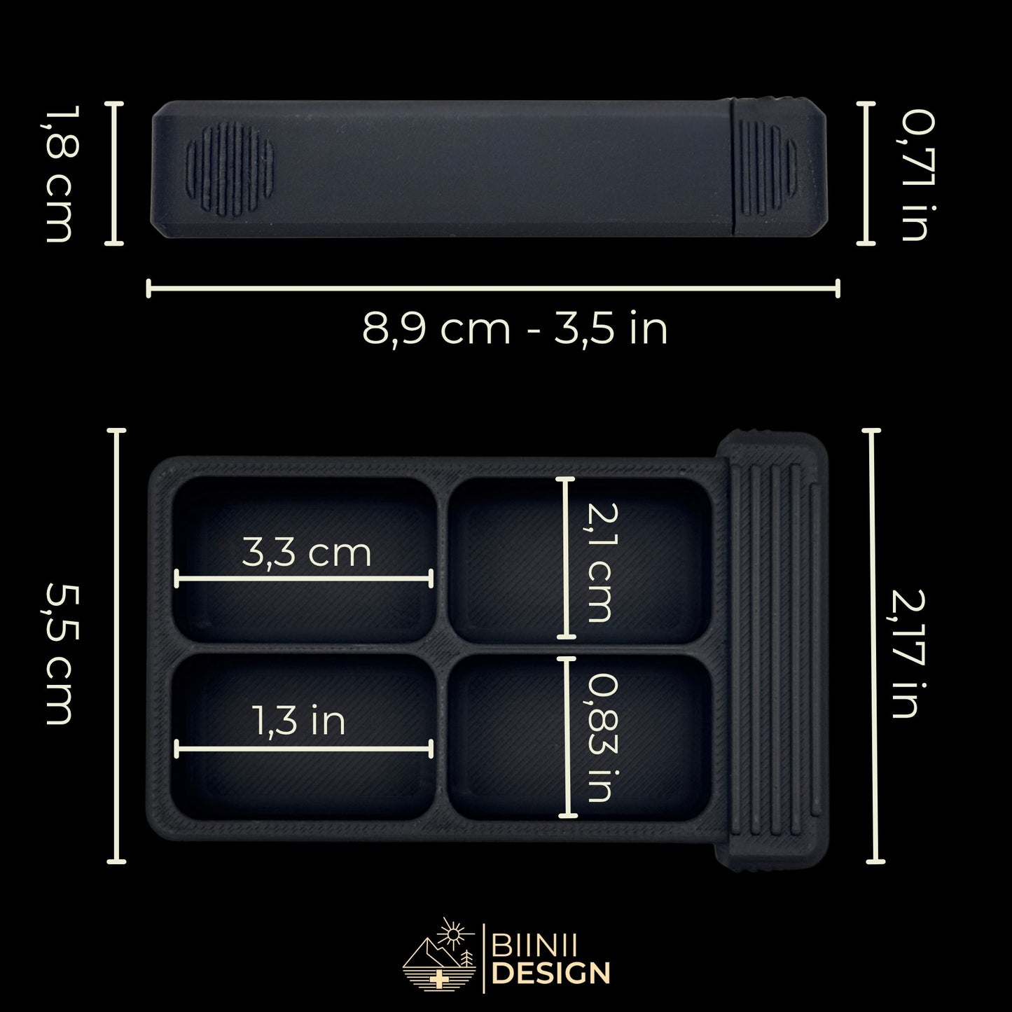 Dimensions (CM and IN) of the 4 compartment tray. Compact Kraken pill organizer for daily use.