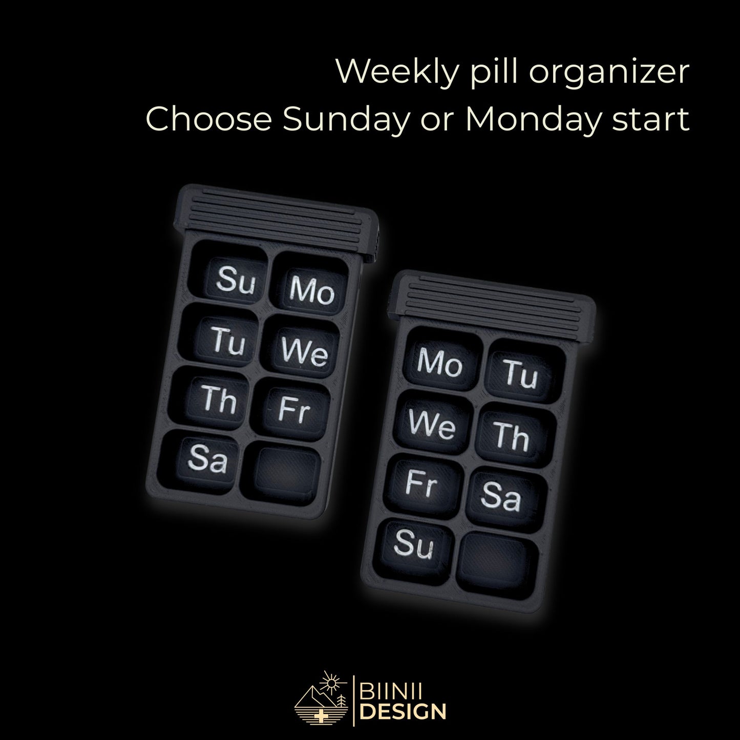 Illustration of empty 8 compartment weekly trays (EN Sunday/Monday start). Kraken motif with silver inscriptions.