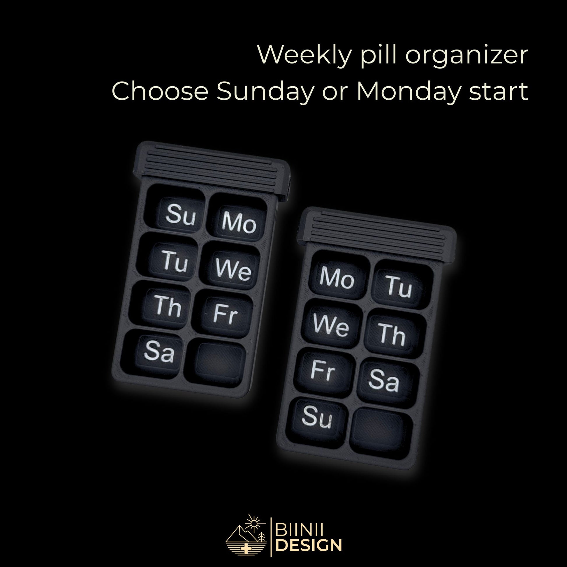 Illustration of empty 8 compartment weekly trays (EN Sunday/Monday start). Kraken motif with silver inscriptions.