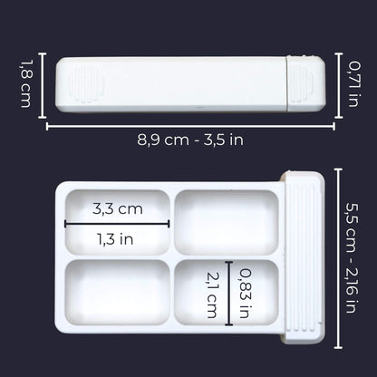 Custom photo pill organizer, 4-compartment base with its dimensions in cm and inches, four large double cells.