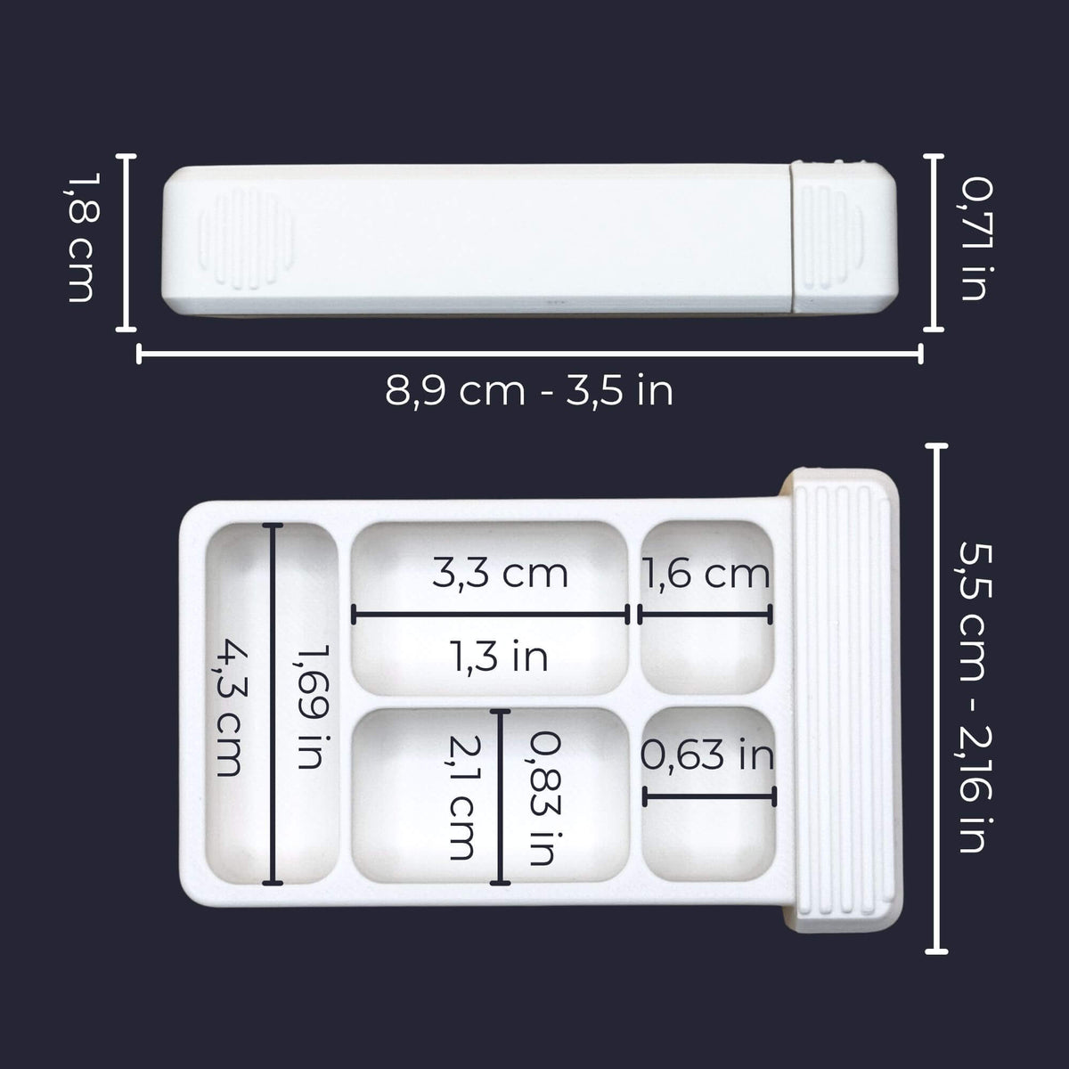 Custom photo pill organizer, 5-compartment base with its dimensions in cm and inches, four cells plus a full-width tray.