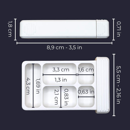 Custom photo pill organizer, 5-compartment base with its dimensions in cm and inches, four cells plus a full-width tray.