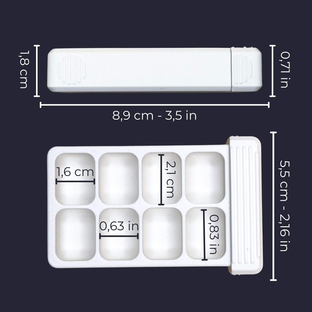 Custom photo pill organizer, 8-compartment base in two rows with its dimensions in cm and inches.