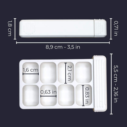 Custom photo pill organizer, 8-compartment base in two rows with its dimensions in cm and inches.