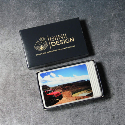 Custom photo pill organizer, white, in its navy Biinii gift box with the gold logo, ready to gift