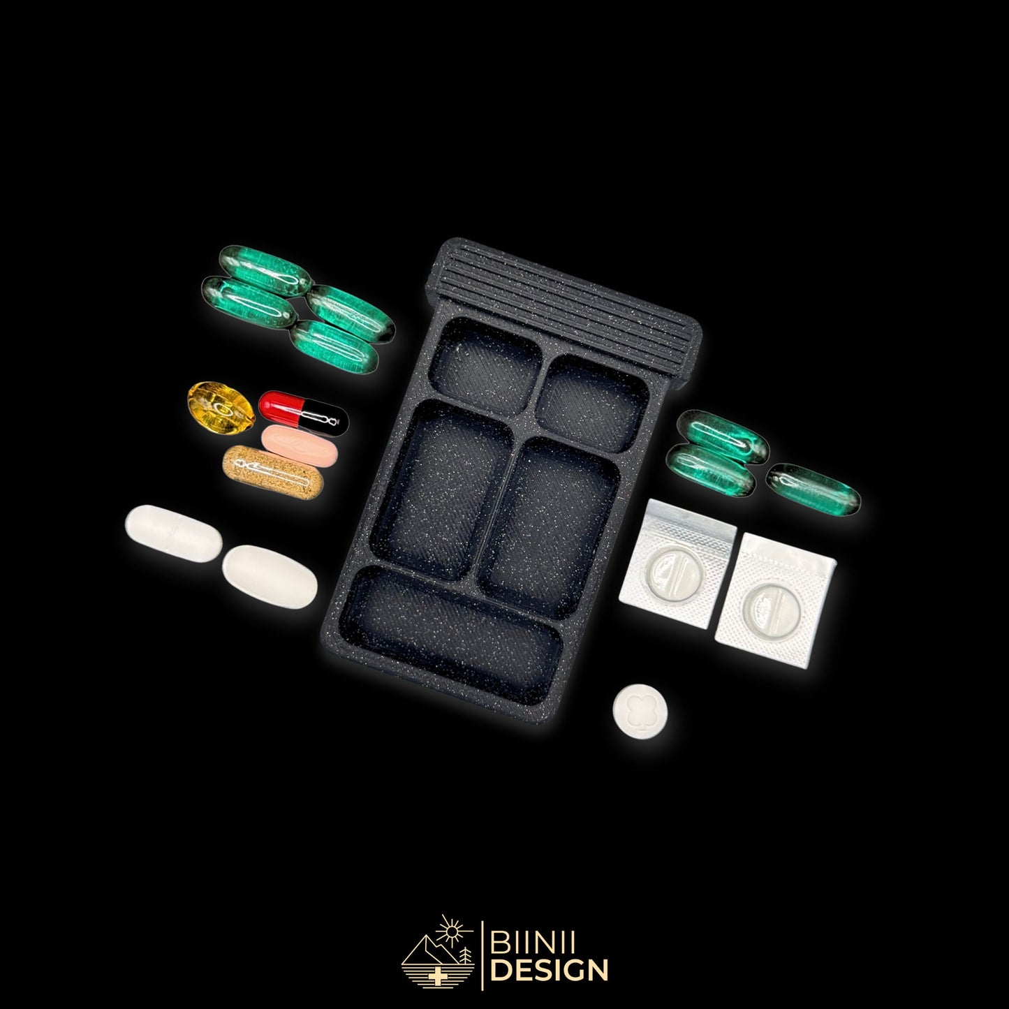 Empty 5-compartment tray. Capsules blisters and tablets are placed alongside to illustrate capacity. Custom-made punk skull art pill organizer.
