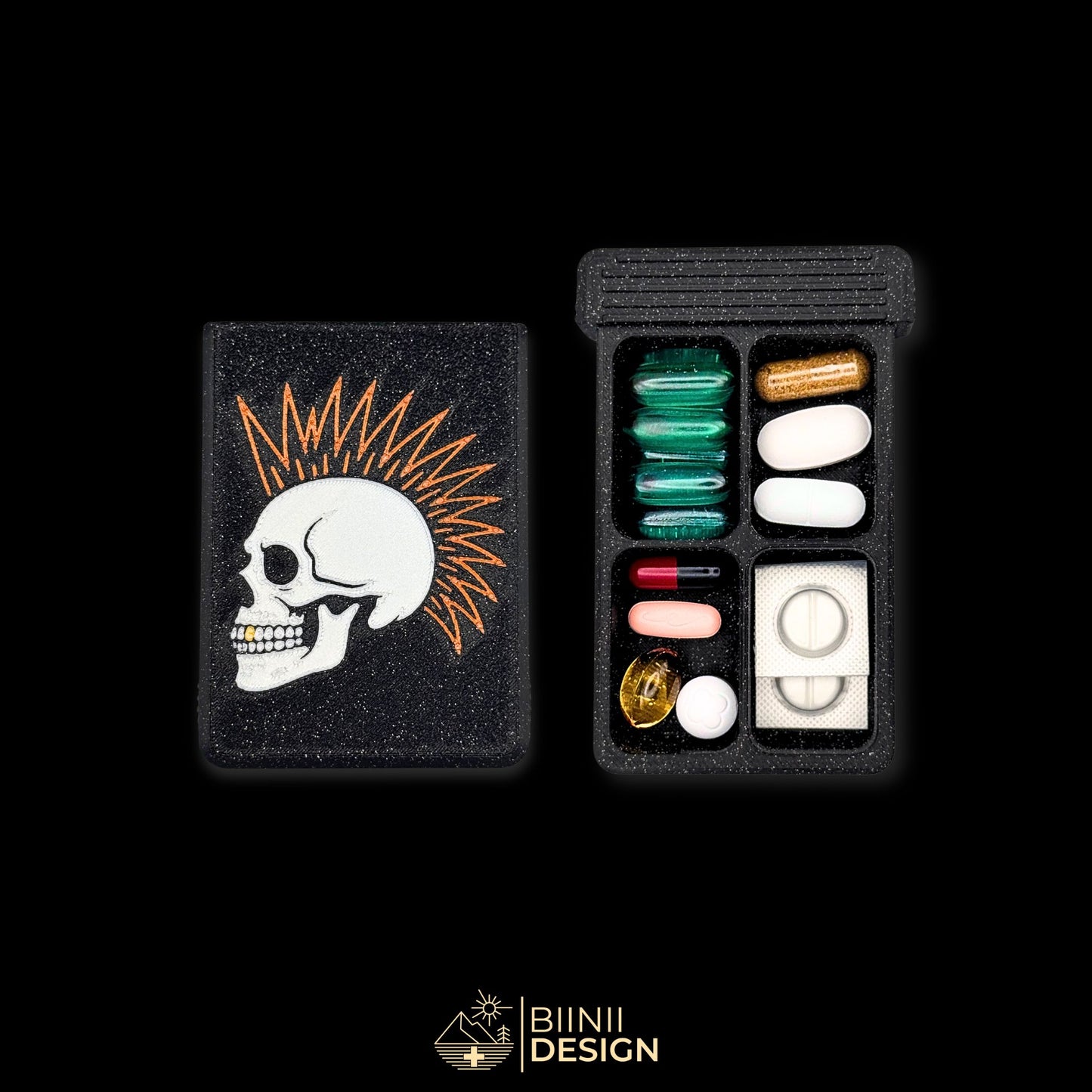 Punk Skull cover next to 4 compartment tray. Filled with assorted supplements. Unique mohawk skull themed pill box.