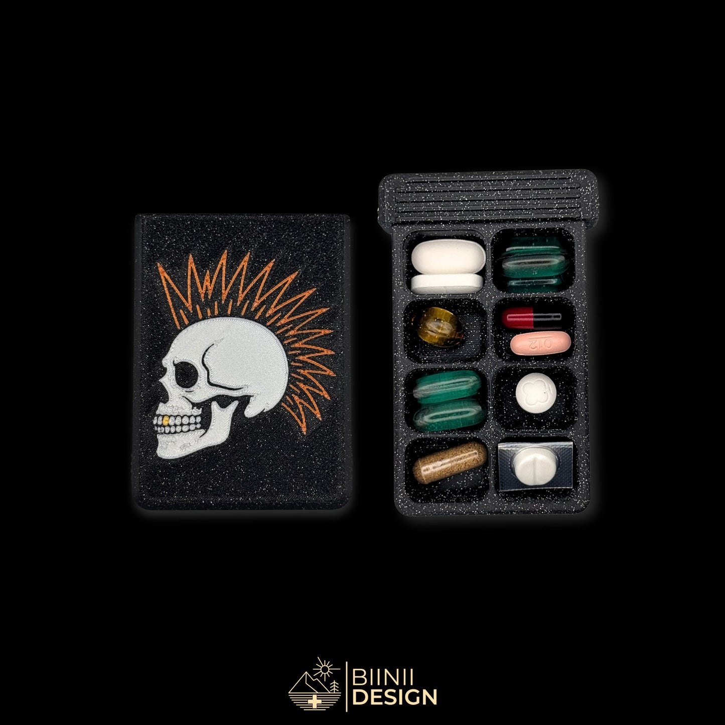 Punk Skull cover beside 8-compartment weekly tray filled. Artistic pill organizer for extended medication or supplement plans.