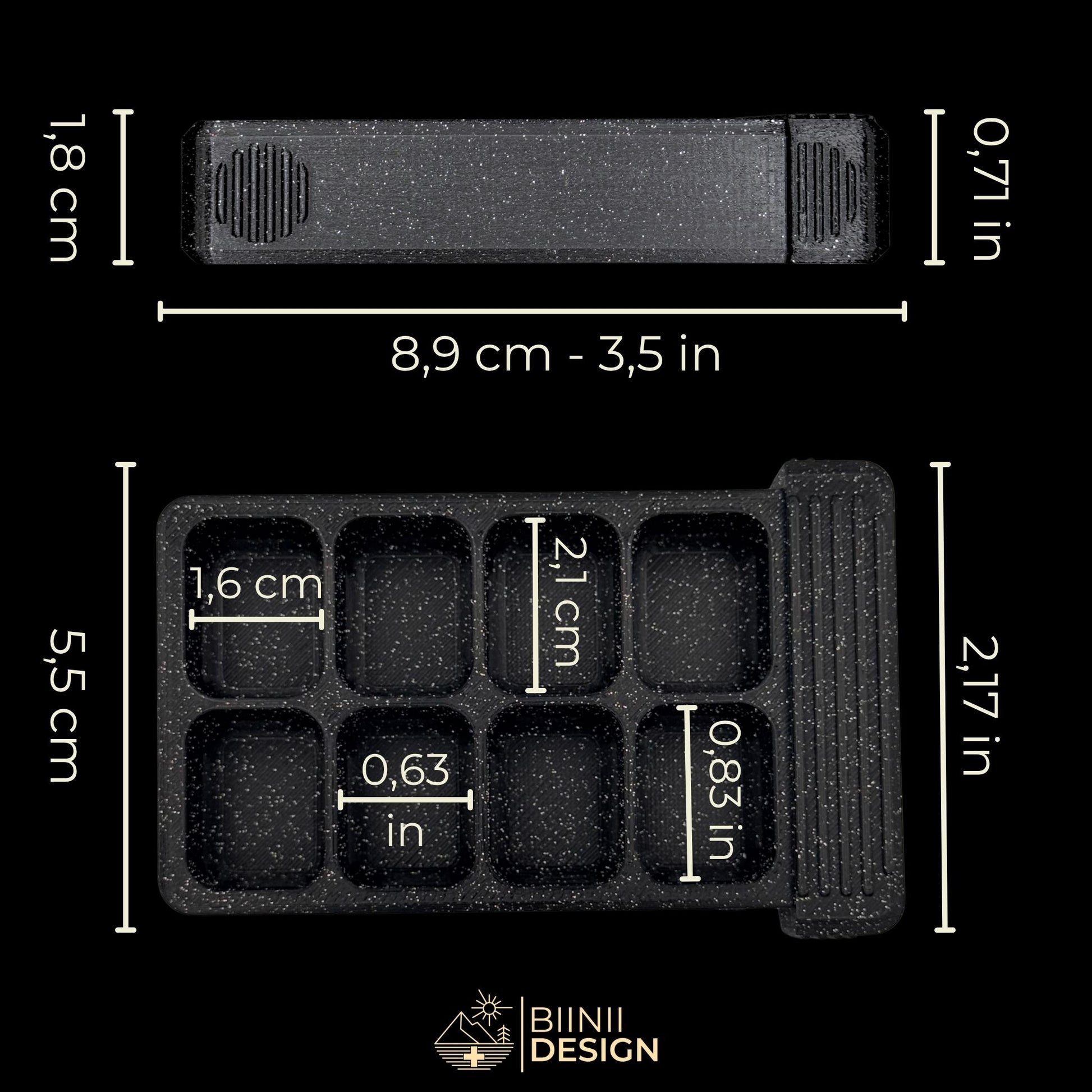 Dimensions (CM and IN) of the 8 compartment weekly-travel tray. Art pill organizer with Punk Skull theme for multi-day use.