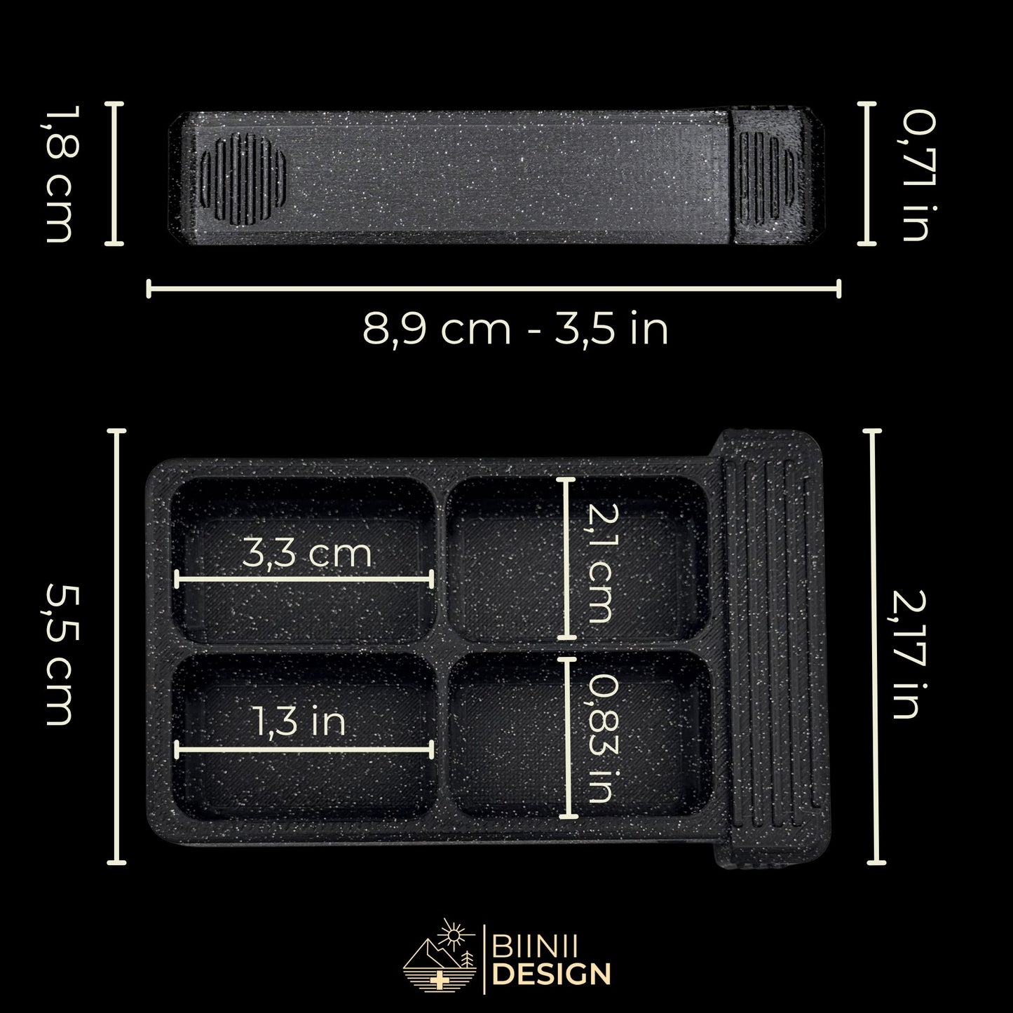 Dimensions (CM and IN) of the 4 compartment tray. Compact gothic pill organizer for daily use.