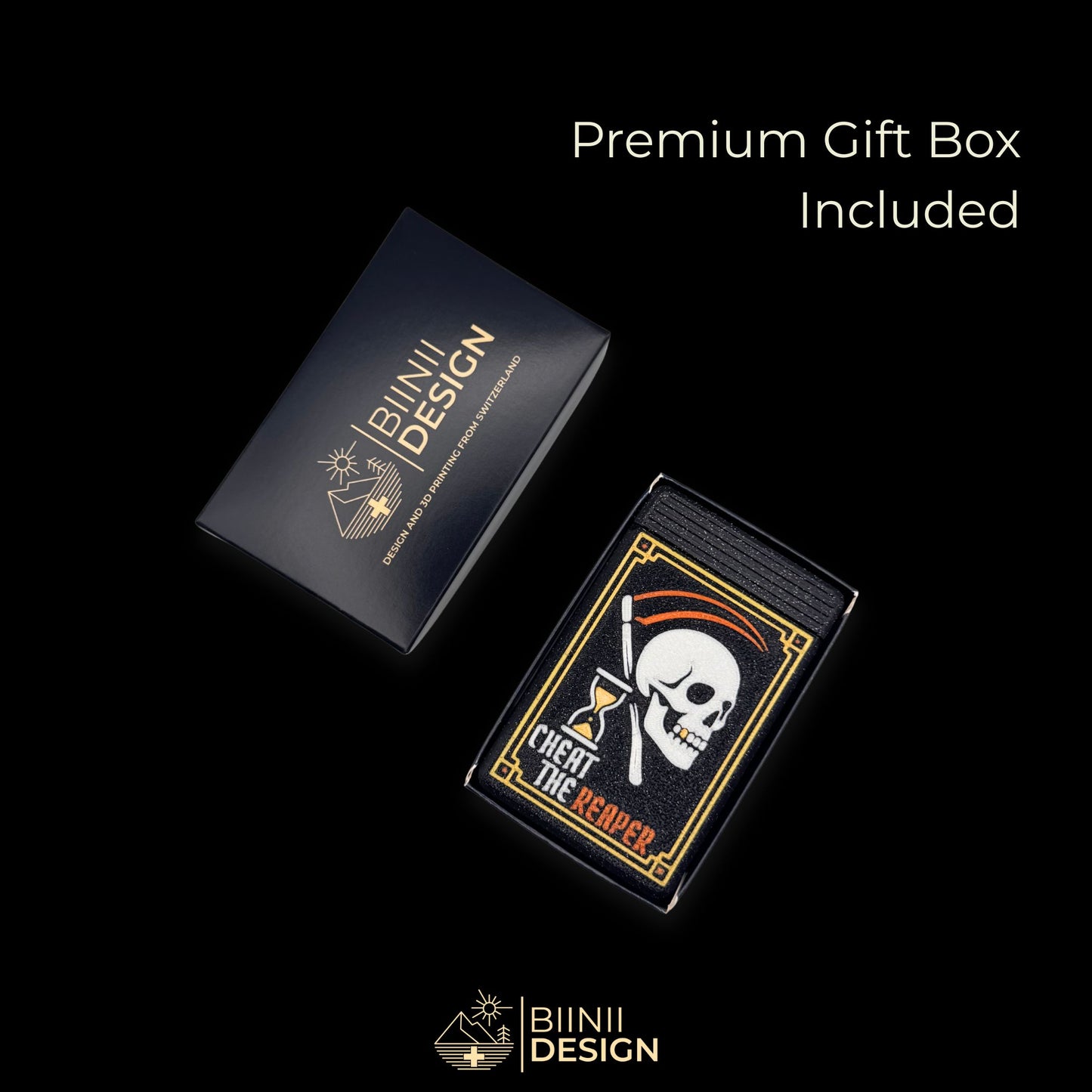 Cheat the Reaper artistic pill organizer inside its Premium Biinii Design gift box. Ready-to-offer custom packaging included.