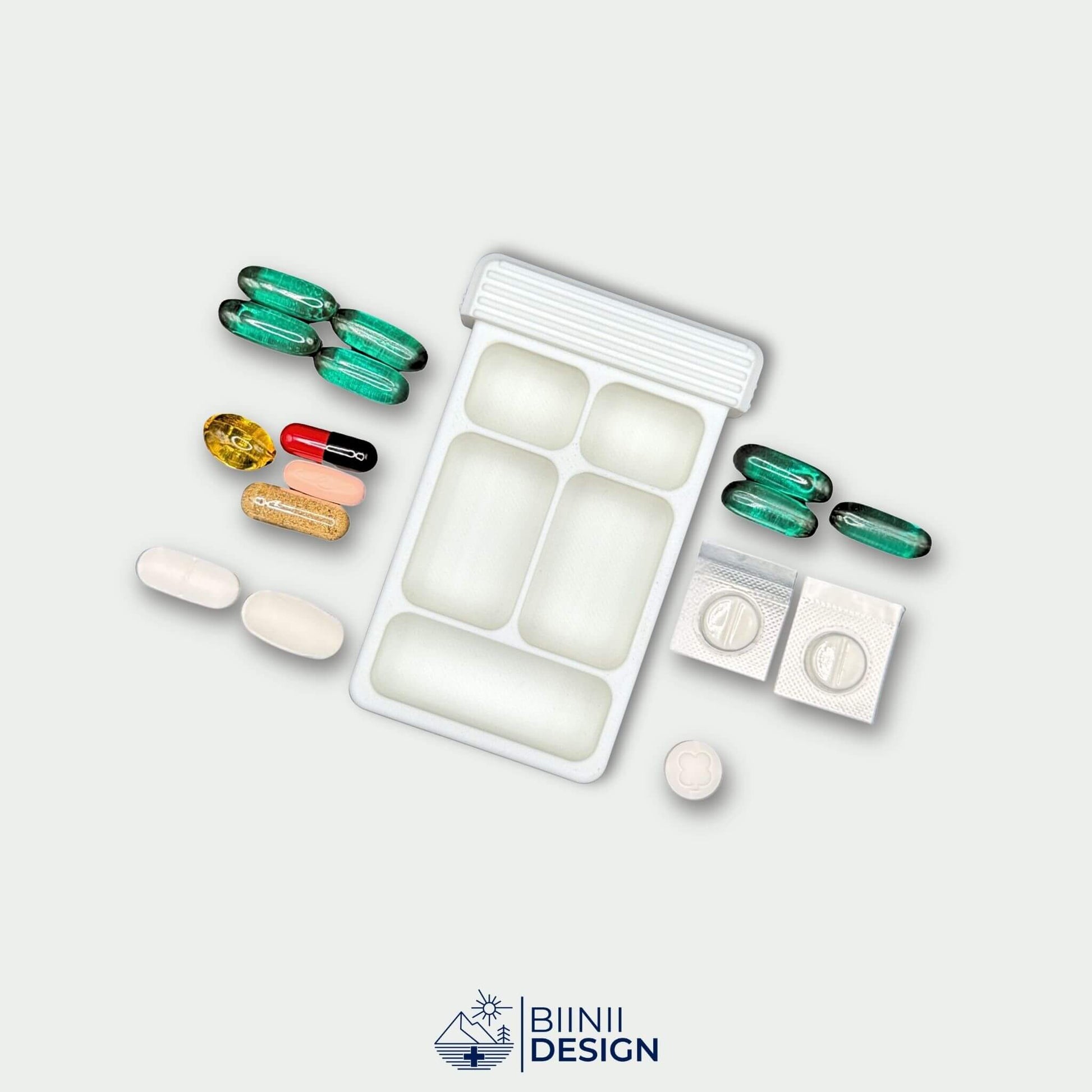 Empty white 5-compartment tray for capsules, blisters and vitamins. Custom art pill organizer for daily or travel routines.