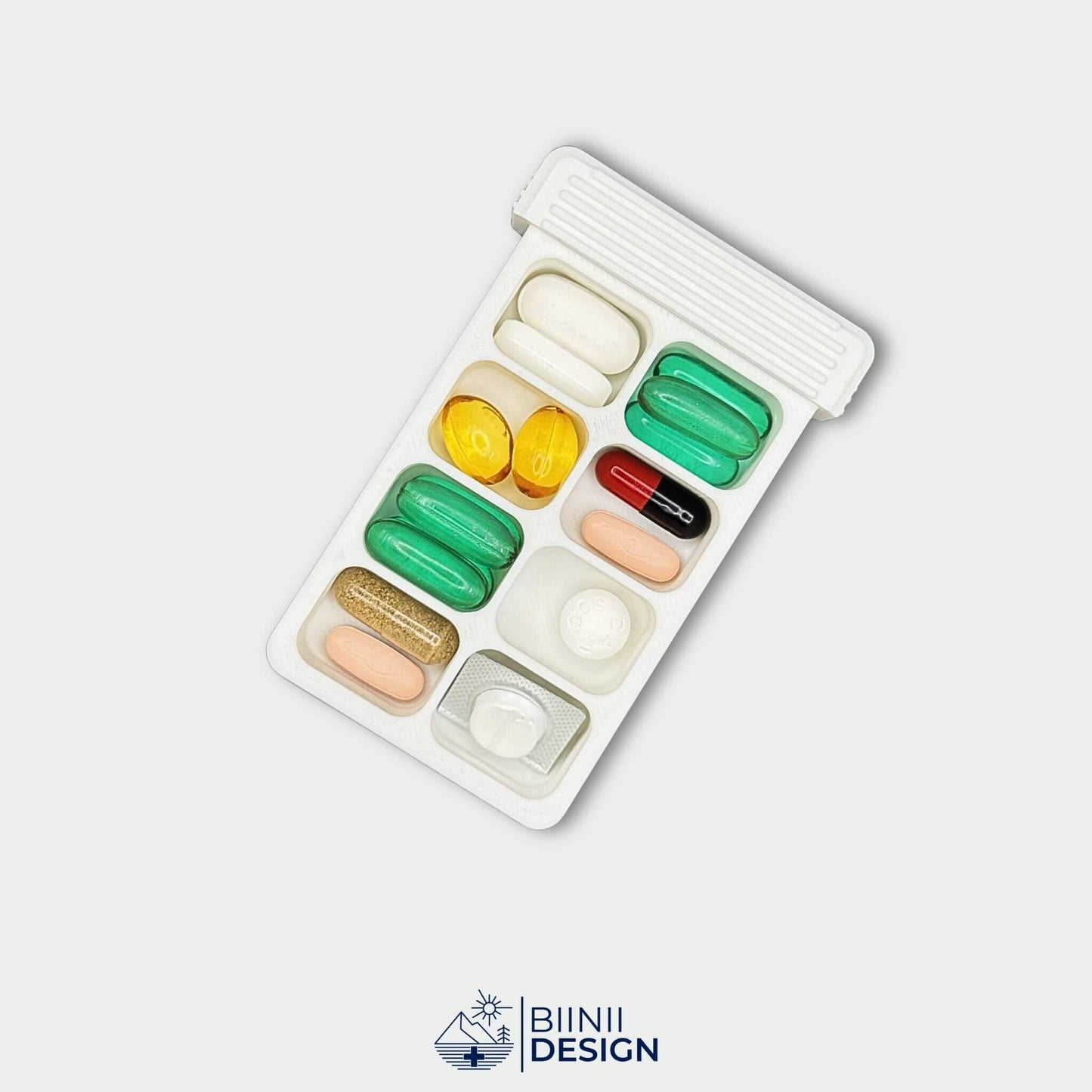 White 8-compartment pill organizer tray filled with assorted medication and supplements. Large capacity pill case.