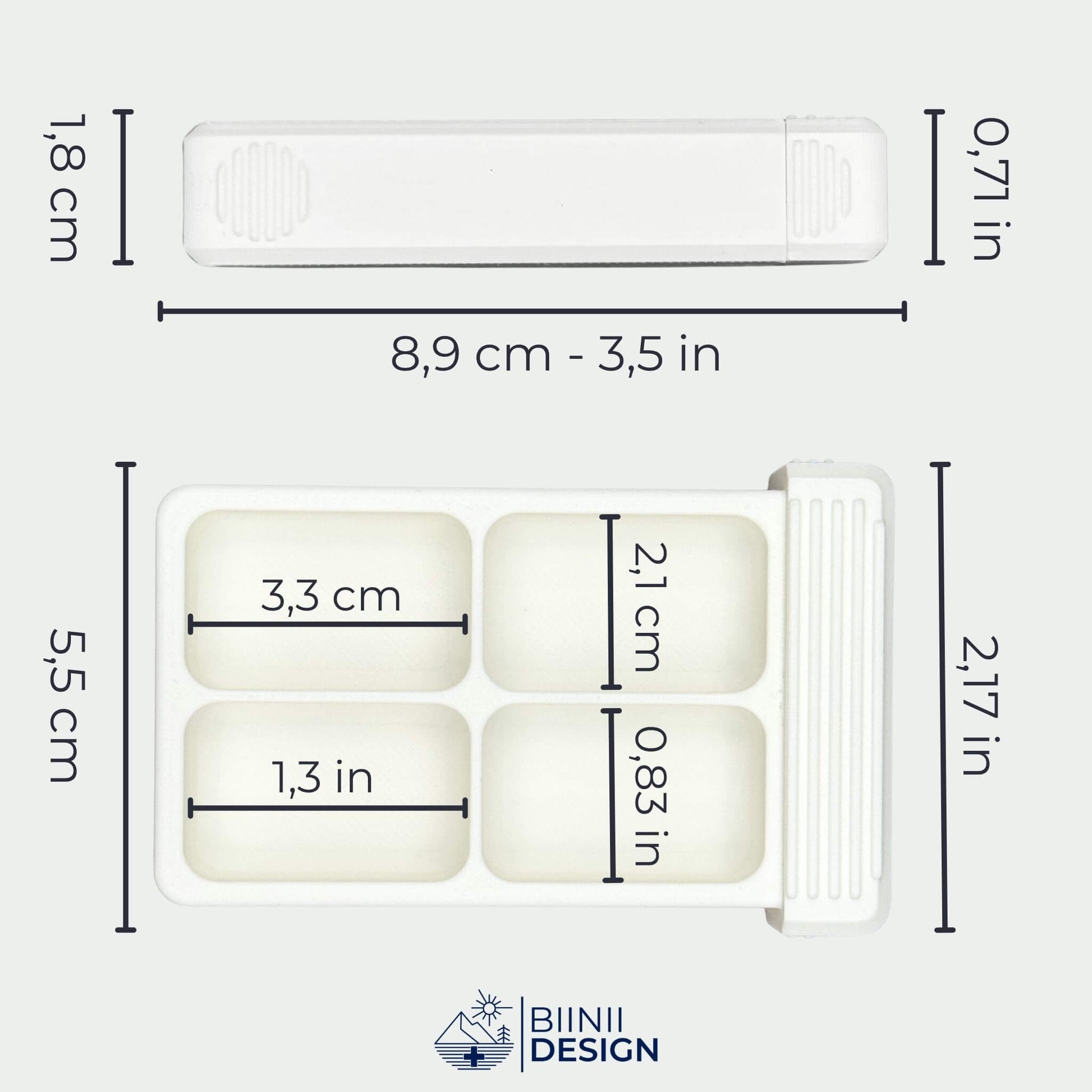 White 4-compartment pill organizer tray dimensions shown in cm and inches. Compact daily pill case size reference.