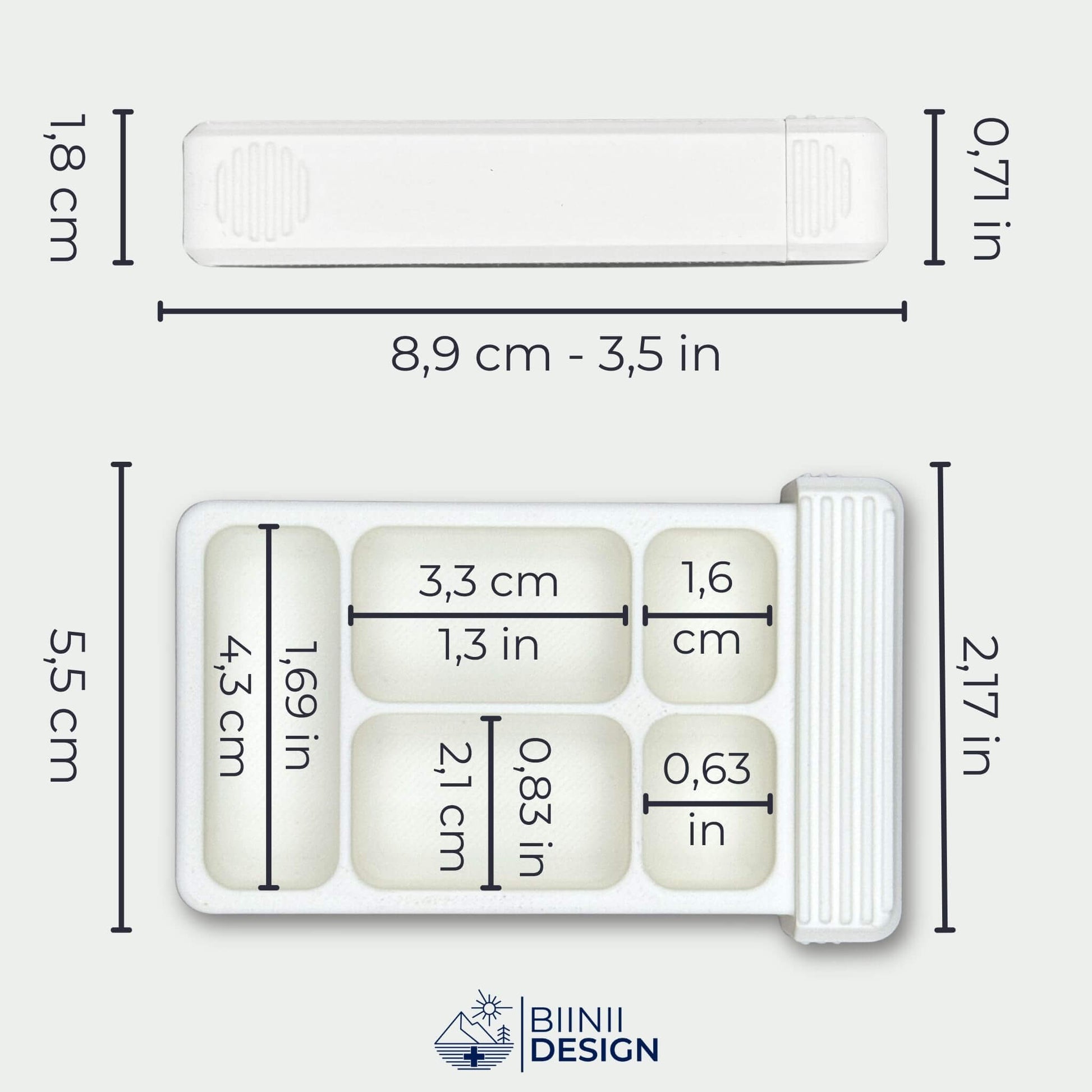 White 5-compartment pill organizer tray dimensions in cm and inches. Slim travel pill case measurement guide.